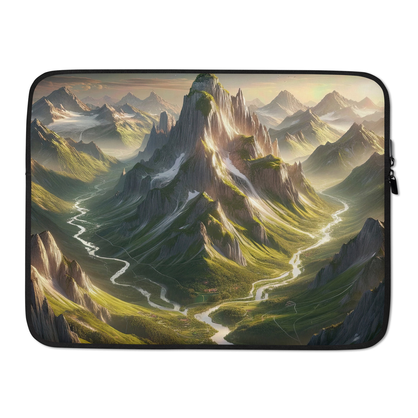 Fotorealistisches Bild der Alpen mit österreichischer Flagge, scharfen Gipfeln und grünen Tälern - Laptophülle berge xxx yyy zzz 15″