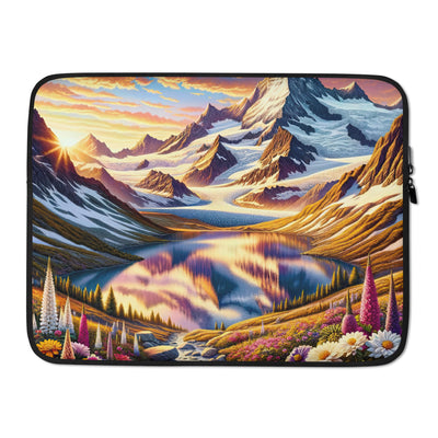 Quadratische Illustration der Alpen mit schneebedeckten Gipfeln und Wildblumen - Laptophülle berge xxx yyy zzz 15″