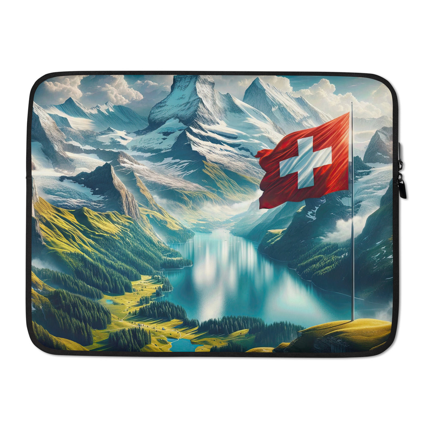 Ultraepische, fotorealistische Darstellung der Schweizer Alpenlandschaft mit Schweizer Flagge - Laptophülle berge xxx yyy zzz 15″