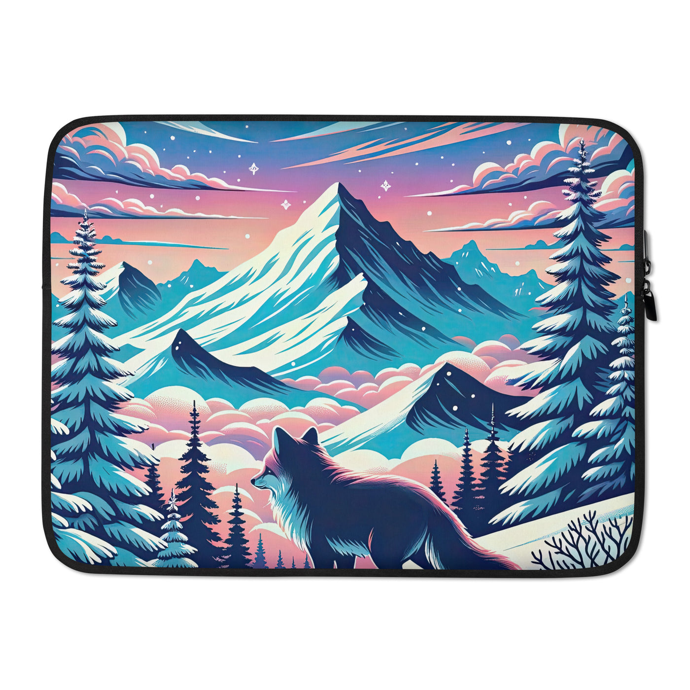 Vektorgrafik eines alpinen Winterwunderlandes mit schneebedeckten Kiefern und einem Fuchs - Laptophülle camping xxx yyy zzz 15″