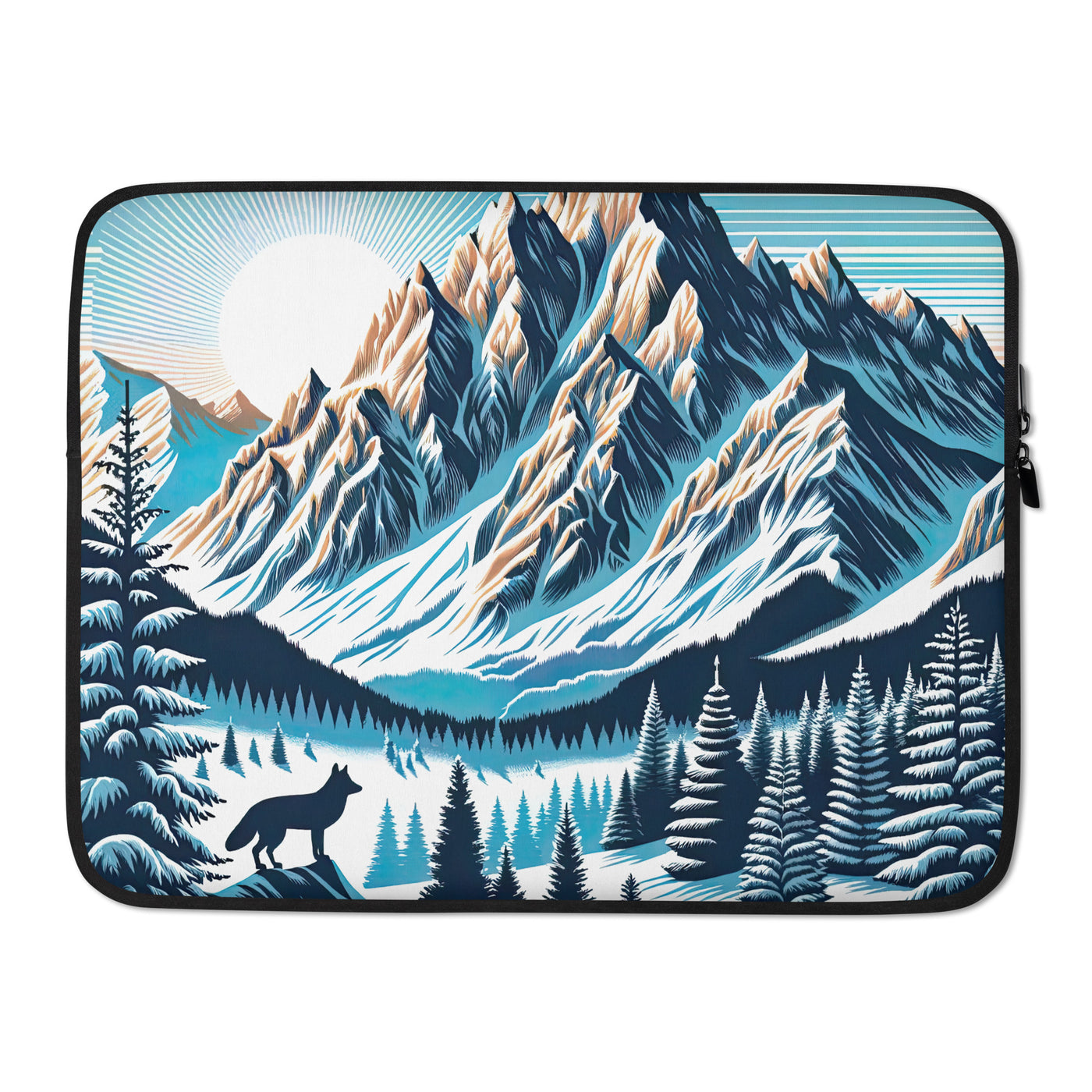 Vektorgrafik eines Wolfes im winterlichen Alpenmorgen, Berge mit Schnee- und Felsmustern - Laptophülle berge xxx yyy zzz 15″