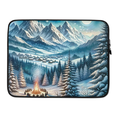 Aquarell eines Winterabends in den Alpen mit Lagerfeuer und Wanderern, glitzernder Neuschnee - Laptophülle camping xxx yyy zzz 15″