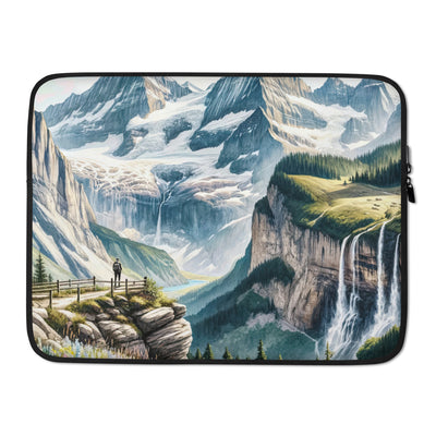 Aquarell-Panoramablick der Alpen mit schneebedeckten Gipfeln, Wasserfällen und Wanderern - Laptophülle wandern xxx yyy zzz 15″