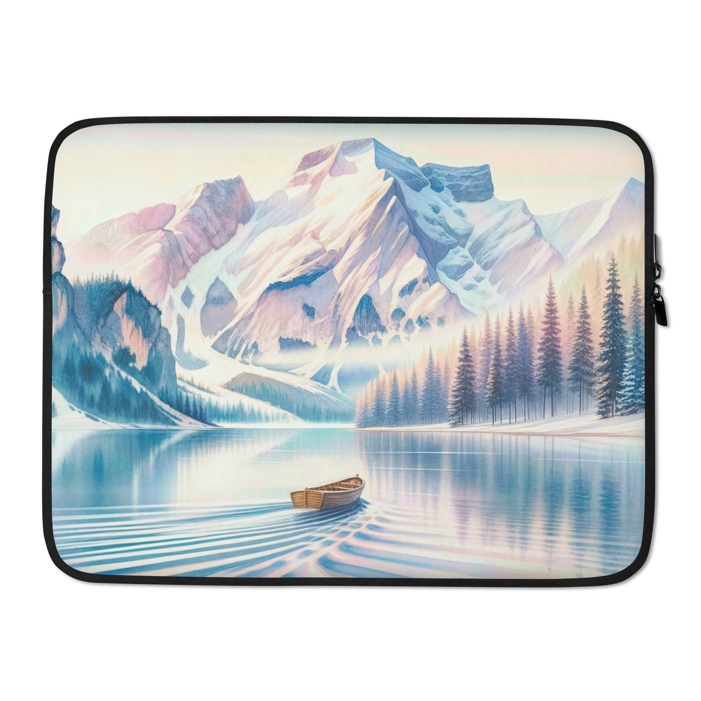 Aquarell eines klaren Alpenmorgens, Boot auf Bergsee in Pastelltönen - Laptophülle berge xxx yyy zzz 15″