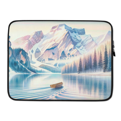 Aquarell eines klaren Alpenmorgens, Boot auf Bergsee in Pastelltönen - Laptophülle berge xxx yyy zzz 15″