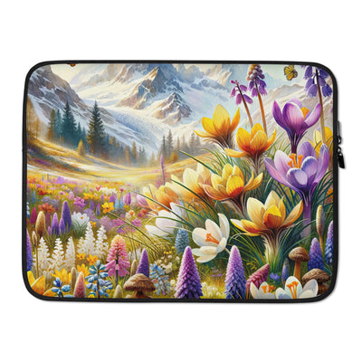 Aquarell einer ruhigen Almwiese, farbenfrohe Bergblumen in den Alpen - Laptophülle berge xxx yyy zzz 15″