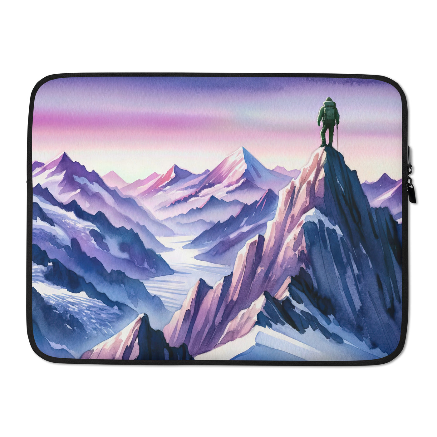 Aquarell eines Bergsteigers auf einem Alpengipfel in der Abenddämmerung - Laptophülle wandern xxx yyy zzz 15″