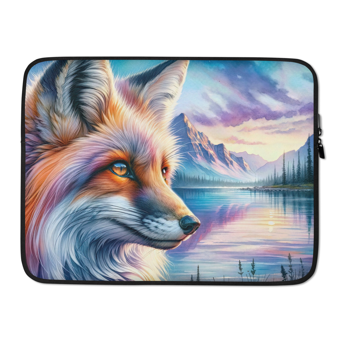 Aquarellporträt eines Fuchses im Dämmerlicht am Bergsee - Laptophülle camping xxx yyy zzz 15″