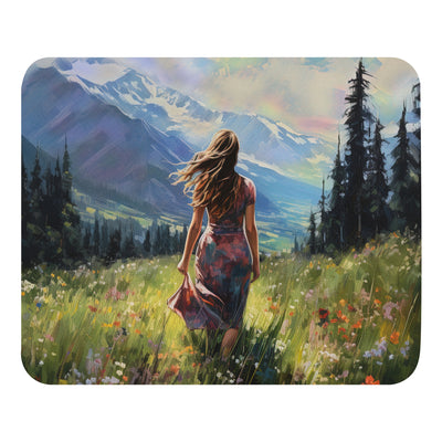 Frau mit langen Kleid im Feld mit Blumen - Berge im Hintergrund - Malerei - Mauspad berge xxx Default Title