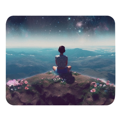 Frau sitzt auf Berg – Cosmos und Sterne im Hintergrund - Landschaftsmalerei - Mauspad berge xxx Default Title