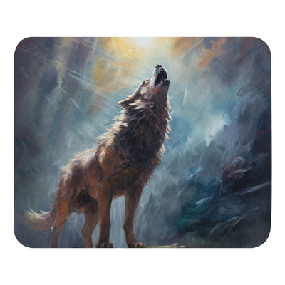 Heulender Wolf auf Berggipfel und Mond im Hintergrund – Abstrakte Malerei - Mauspad camping xxx Default Title