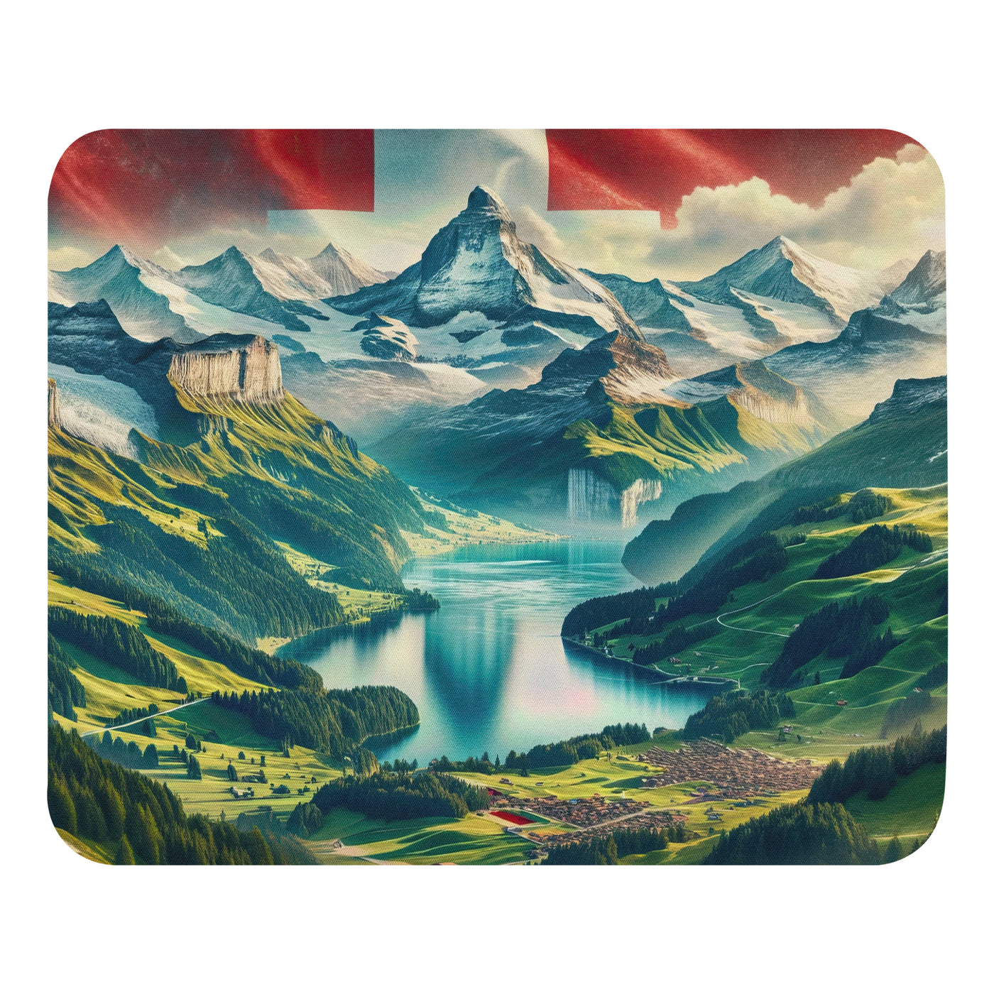 Berg Panorama: Schneeberge und Täler mit Schweizer Flagge - Mauspad berge xxx yyy zzz Default Title