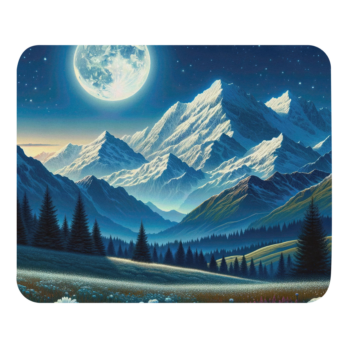 Klare frühlingshafte Alpennacht mit Blumen und Vollmond über Schneegipfeln - Mauspad berge xxx yyy zzz Default Title