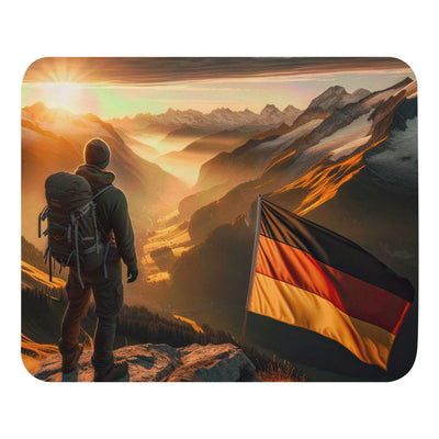 Foto der Alpen bei Sonnenuntergang mit deutscher Flagge und Wanderer, goldenes Licht auf Schneegipfeln - Mauspad berge xxx yyy zzz Default Title