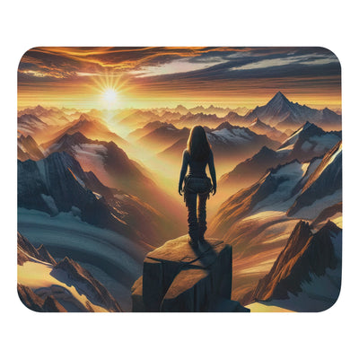 Fotorealistische Darstellung der Alpen bei Sonnenaufgang, Wanderin unter einem gold-purpurnen Himmel - Mauspad wandern xxx yyy zzz Default Title