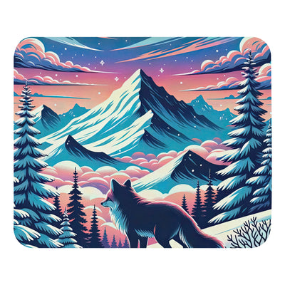 Vektorgrafik eines alpinen Winterwunderlandes mit schneebedeckten Kiefern und einem Fuchs - Mauspad camping xxx yyy zzz Default Title