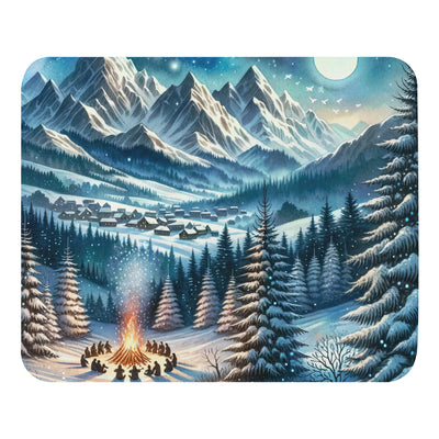 Aquarell eines Winterabends in den Alpen mit Lagerfeuer und Wanderern, glitzernder Neuschnee - Mauspad camping xxx yyy zzz Default Title