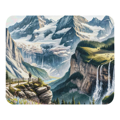 Aquarell-Panoramablick der Alpen mit schneebedeckten Gipfeln, Wasserfällen und Wanderern - Mauspad wandern xxx yyy zzz Default Title