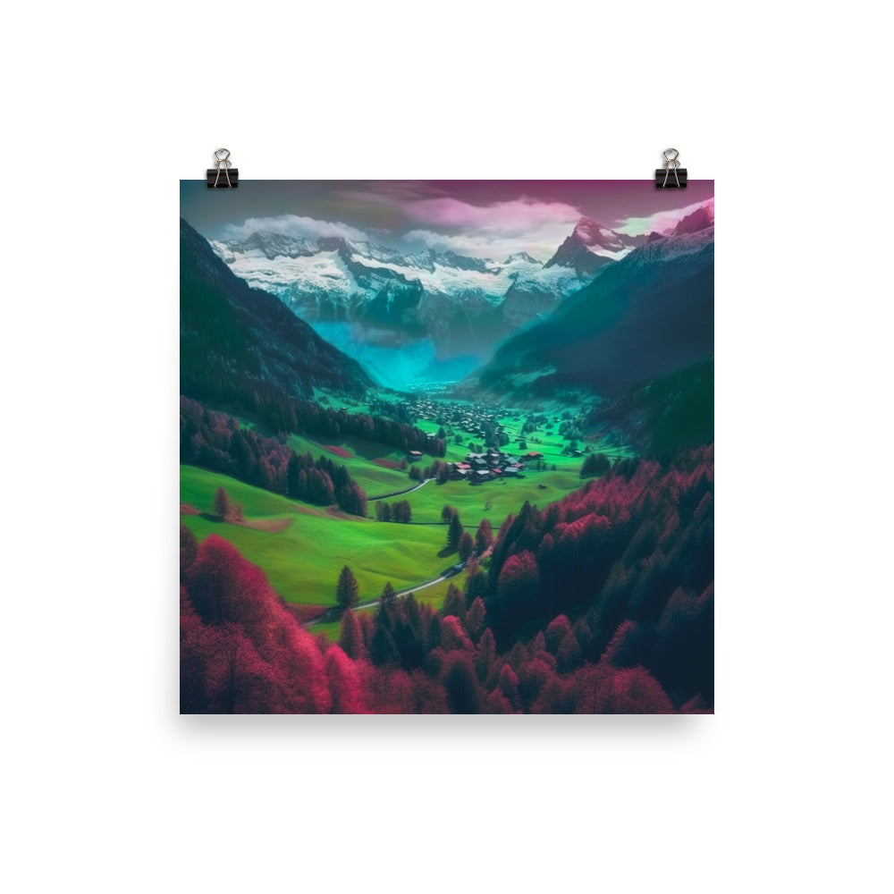 Berglandschaft und Dorf - Fotorealistische Malerei - Premium Poster (glänzend) berge xxx 25.4 x 25.4 cm