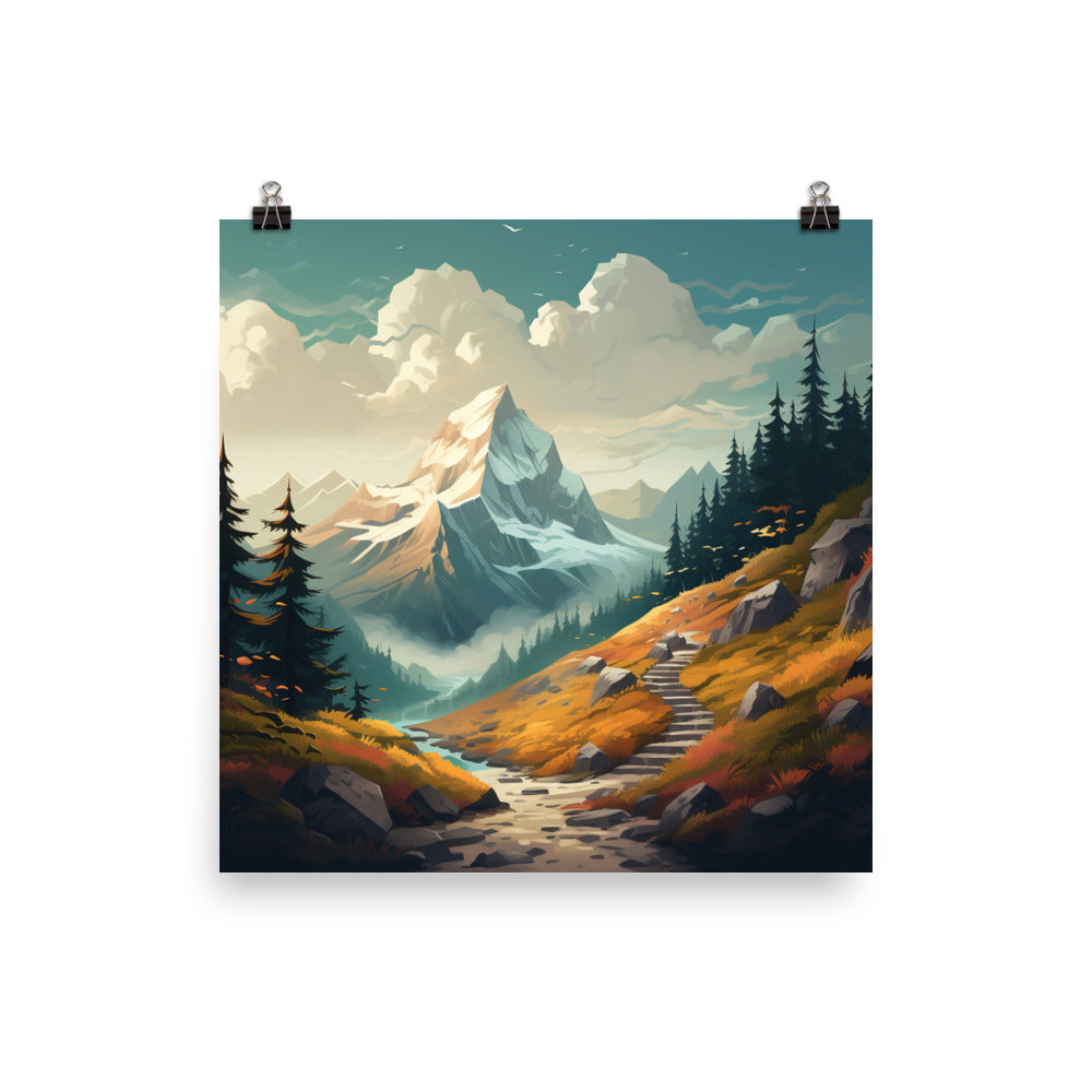 Berge, Wald und Wanderweg - Malerei - Premium Poster (glänzend) berge xxx 25.4 x 25.4 cm