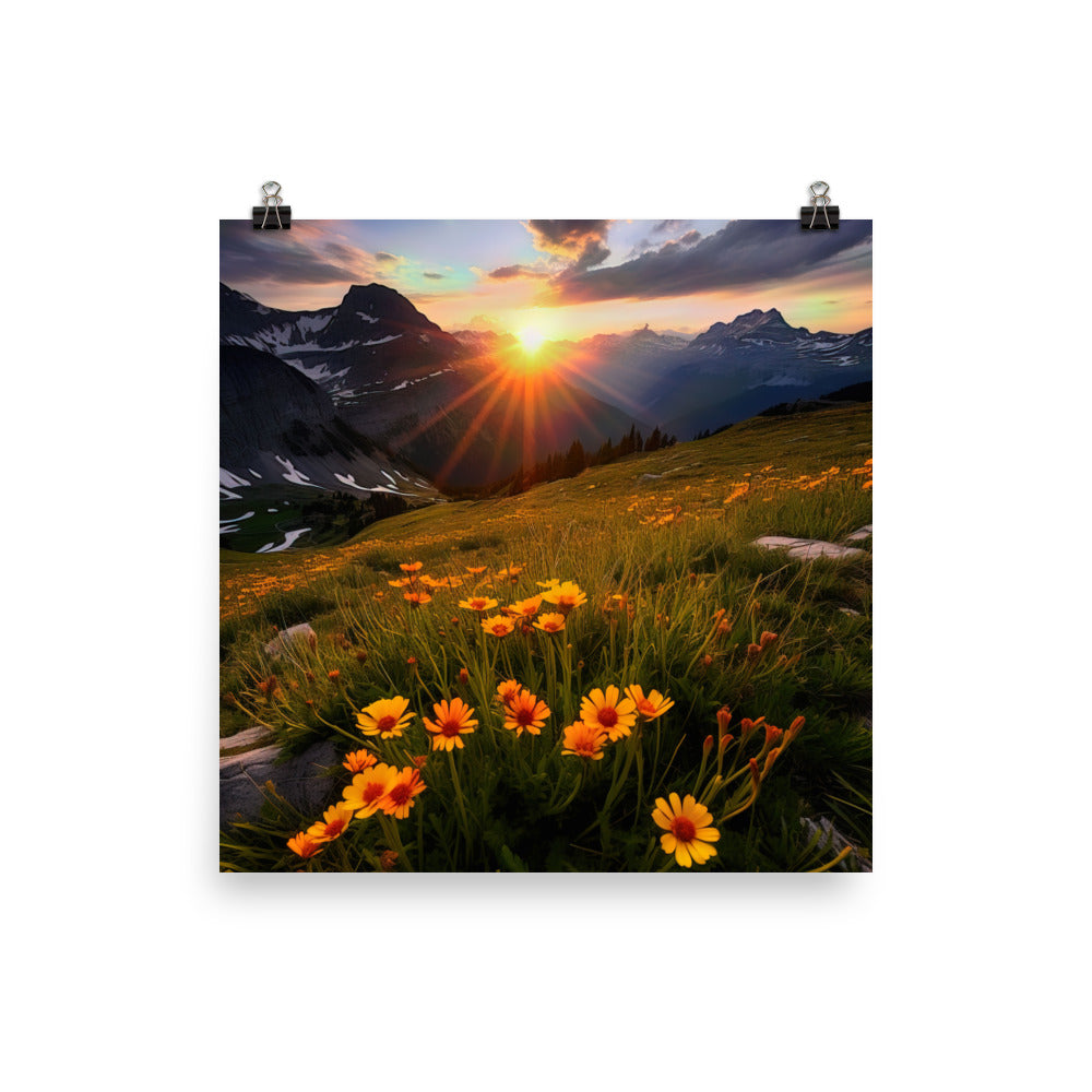 Gebirge, Sonnenblumen und Sonnenaufgang - Premium Poster (glänzend) berge xxx 25.4 x 25.4 cm