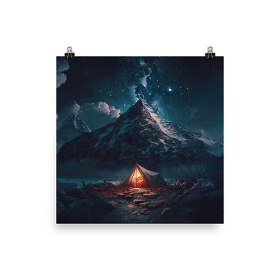 Zelt und Berg in der Nacht - Sterne am Himmel - Landschaftsmalerei - Premium Poster (glänzend) camping xxx 25.4 x 25.4 cm