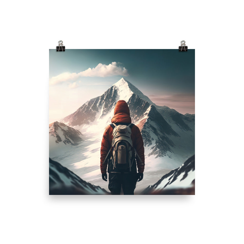 Wanderer von hinten vor einem Berg - Malerei - Premium Poster (glänzend) berge xxx 25.4 x 25.4 cm