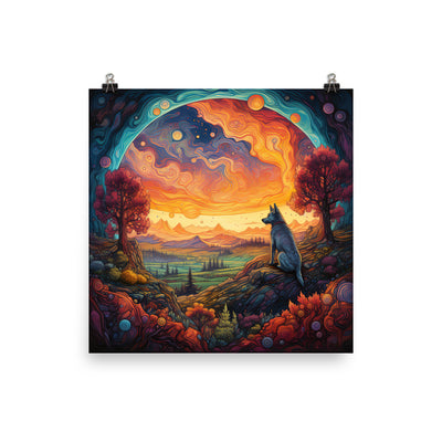 Hund auf Felsen - Epische bunte Landschaft - Malerei - Premium Poster (glänzend) camping xxx 25.4 x 25.4 cm