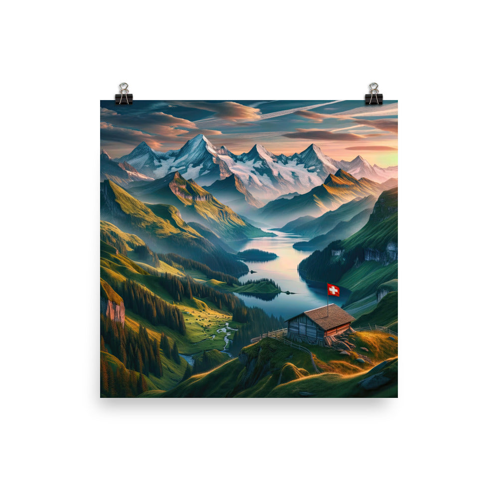 Schweizer Flagge, Alpenidylle: Dämmerlicht, epische Berge und stille Gewässer - Premium Poster (glänzend) berge xxx yyy zzz 25.4 x 25.4 cm