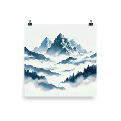 Nebeliger Alpenmorgen-Essenz, verdeckte Täler und Wälder - Premium Poster (glänzend) berge xxx yyy zzz 25.4 x 25.4 cm
