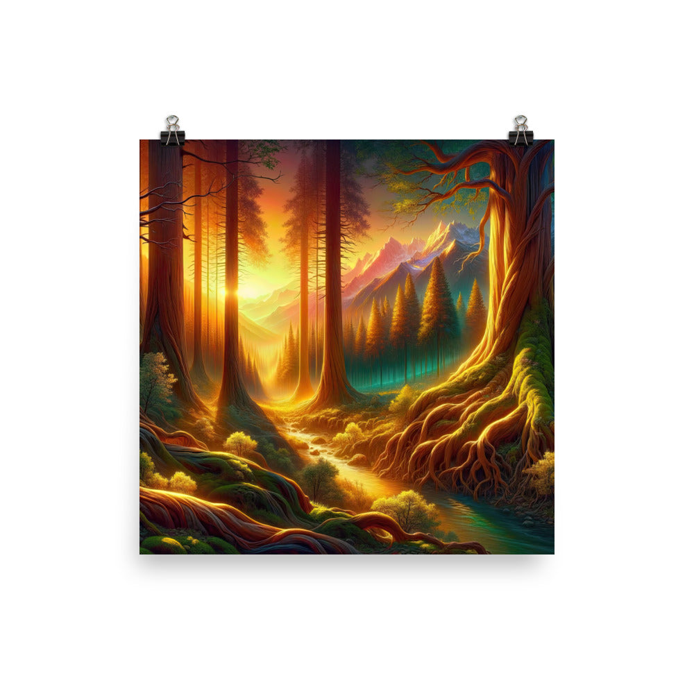 Golden-Stunde Alpenwald, Sonnenlicht durch Blätterdach - Premium Poster (glänzend) camping xxx yyy zzz 25.4 x 25.4 cm