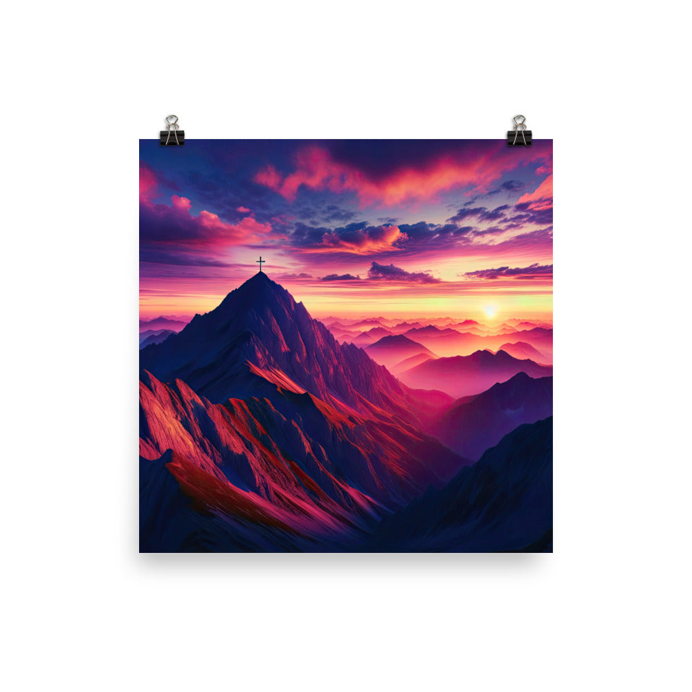 Dramatischer Alpen-Sonnenaufgang, Gipfelkreuz und warme Himmelsfarben - Premium Poster (glänzend) berge xxx yyy zzz 25.4 x 25.4 cm