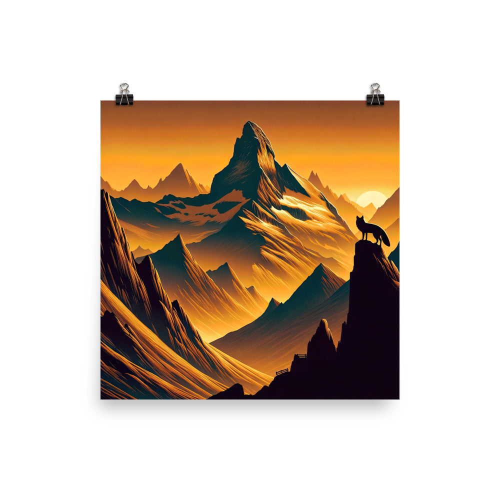 Fuchs in Alpen-Sonnenuntergang, goldene Berge und tiefe Täler - Premium Poster (glänzend) camping xxx yyy zzz 25.4 x 25.4 cm