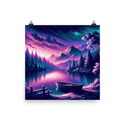 Magische Alpen-Dämmerung, rosa-lila Himmel und Bergsee mit Boot - Premium Poster (glänzend) berge xxx yyy zzz 25.4 x 25.4 cm