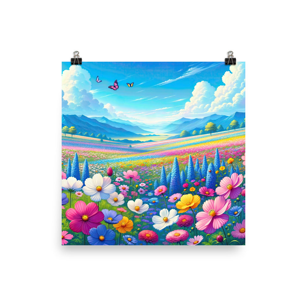 Weitläufiges Blumenfeld unter himmelblauem Himmel, leuchtende Flora - Premium Poster (glänzend) camping xxx yyy zzz 25.4 x 25.4 cm