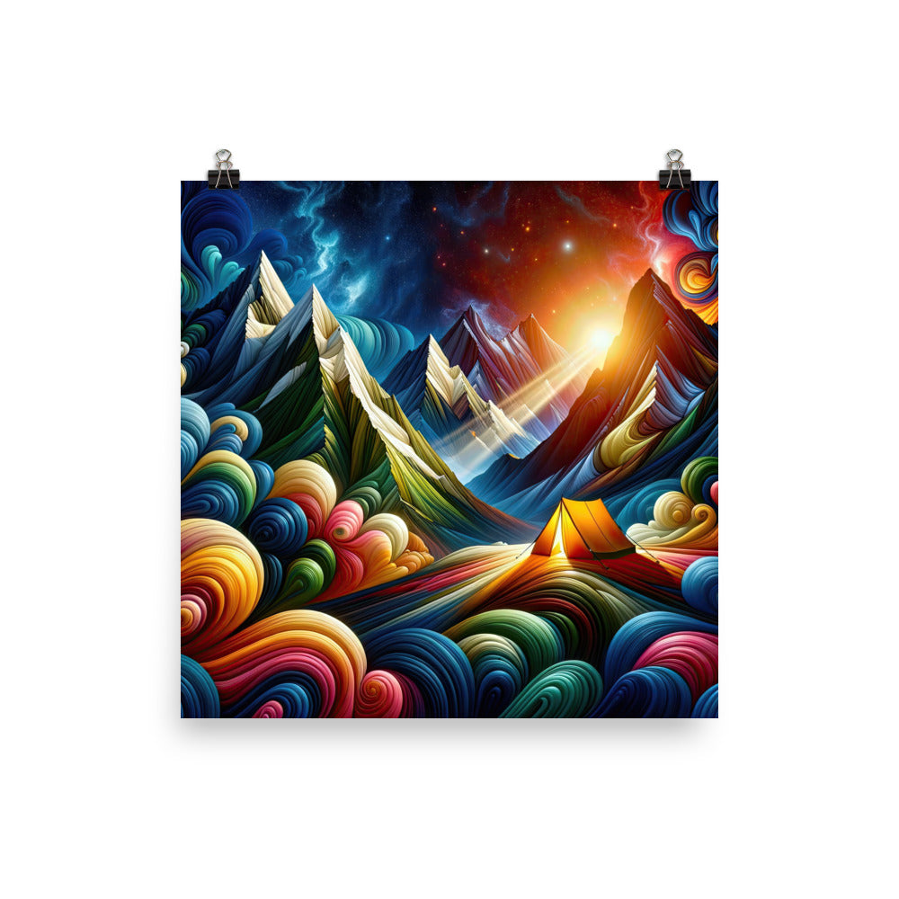 Abstrakte Bergwelt in lebendigen Farben mit Zelt - Premium Poster (glänzend) camping xxx yyy zzz 25.4 x 25.4 cm