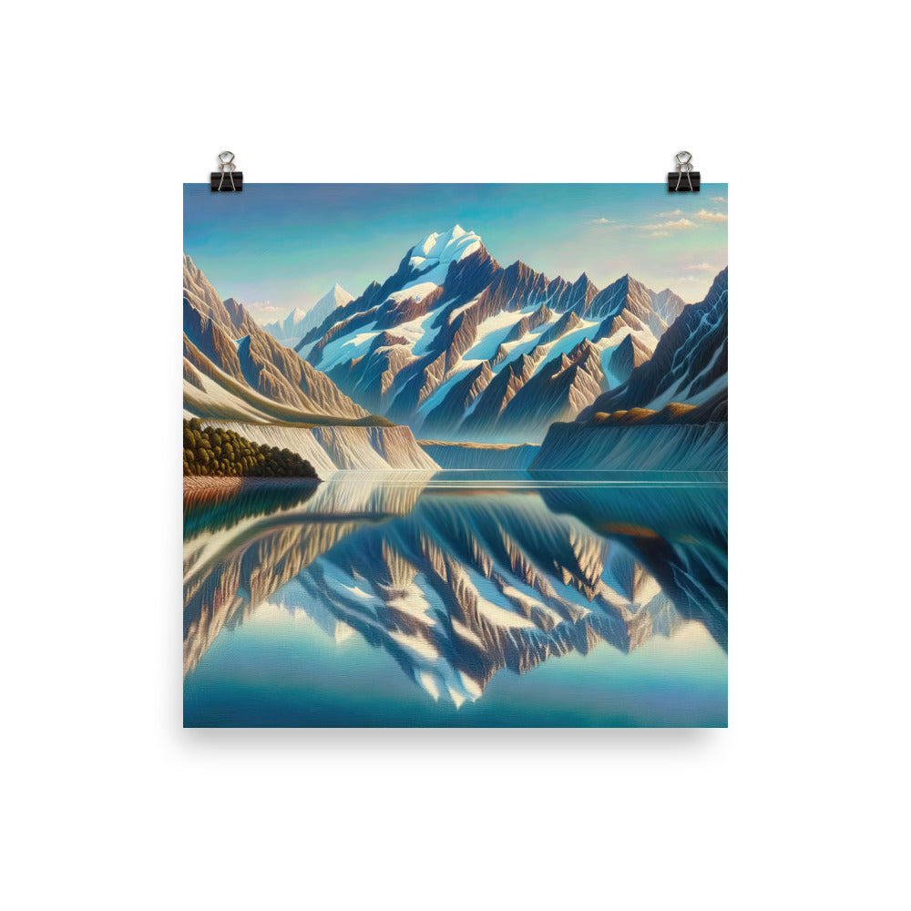 Ölgemälde eines unberührten Sees, der die Bergkette spiegelt - Premium Poster (glänzend) berge xxx yyy zzz 25.4 x 25.4 cm