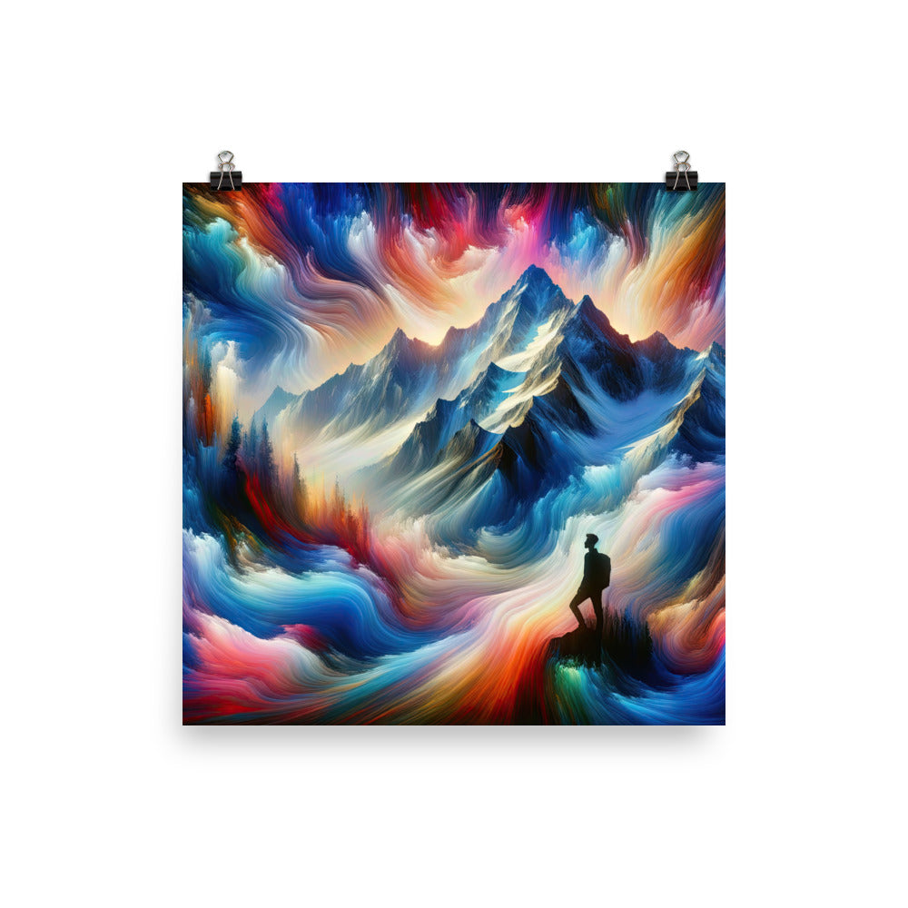 Foto eines abstrakt-expressionistischen Alpengemäldes mit Wanderersilhouette - Premium Poster (glänzend) wandern xxx yyy zzz 25.4 x 25.4 cm
