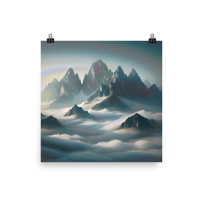 Foto eines nebligen Alpenmorgens, scharfe Gipfel ragen aus dem Nebel - Premium Poster (glänzend) berge xxx yyy zzz 25.4 x 25.4 cm