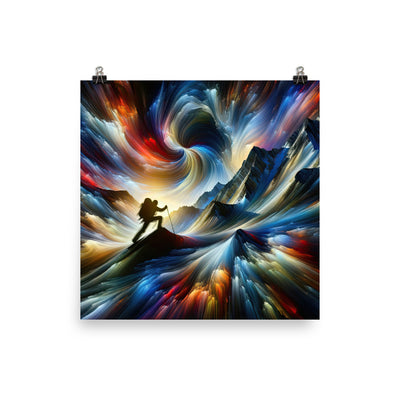 Foto der Alpen in abstrakten Farben mit Bergsteigersilhouette - Premium Poster (glänzend) wandern xxx yyy zzz 25.4 x 25.4 cm