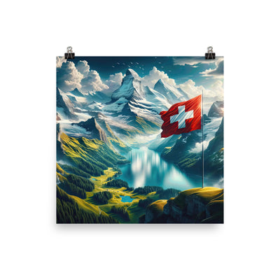 Ultraepische, fotorealistische Darstellung der Schweizer Alpenlandschaft mit Schweizer Flagge - Premium Poster (glänzend) berge xxx yyy zzz 25.4 x 25.4 cm