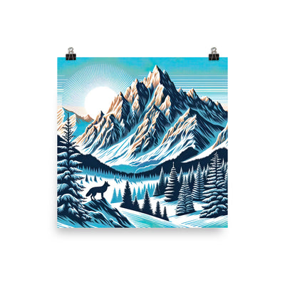 Vektorgrafik eines Wolfes im winterlichen Alpenmorgen, Berge mit Schnee- und Felsmustern - Premium Poster (glänzend) berge xxx yyy zzz 25.4 x 25.4 cm