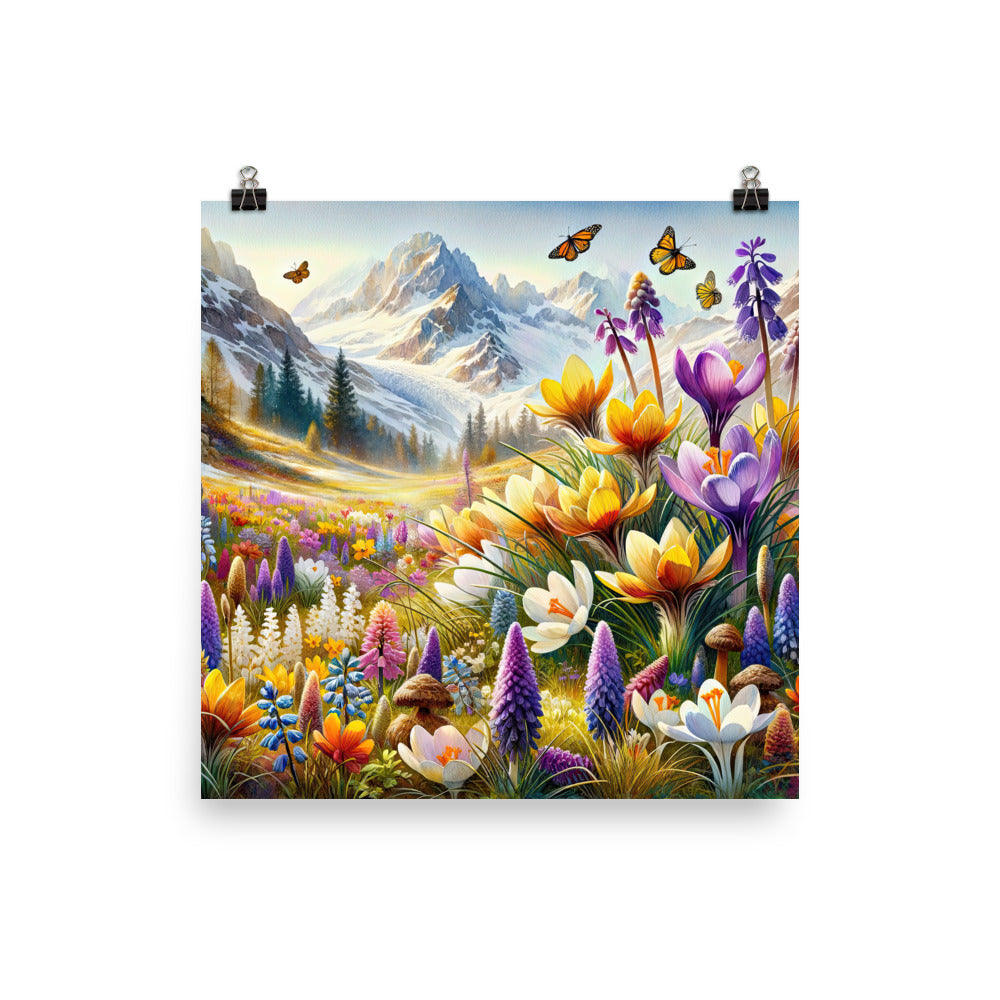 Aquarell einer ruhigen Almwiese, farbenfrohe Bergblumen in den Alpen - Premium Poster (glänzend) berge xxx yyy zzz 25.4 x 25.4 cm