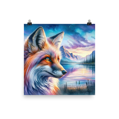Aquarellporträt eines Fuchses im Dämmerlicht am Bergsee - Premium Poster (glänzend) camping xxx yyy zzz 25.4 x 25.4 cm