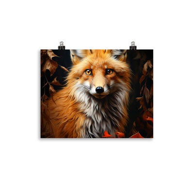 Fuchs Porträt und Herbstblätter - Malerei - Premium Poster (glänzend) camping xxx 27.9 x 35.6 cm