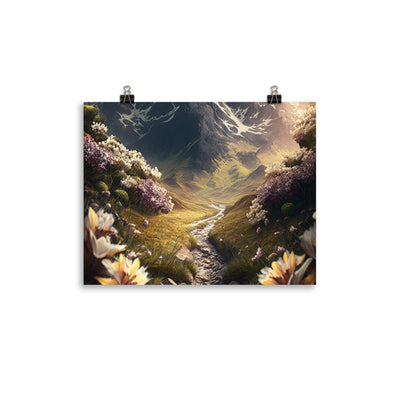 Epischer Berg, steiniger Weg und Blumen - Realistische Malerei - Premium Poster (glänzend) berge xxx 27.9 x 35.6 cm