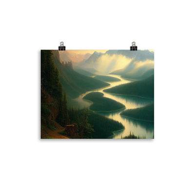 Landschaft mit Bergen, See und viel grüne Natur - Malerei - Premium Poster (glänzend) berge xxx 27.9 x 35.6 cm