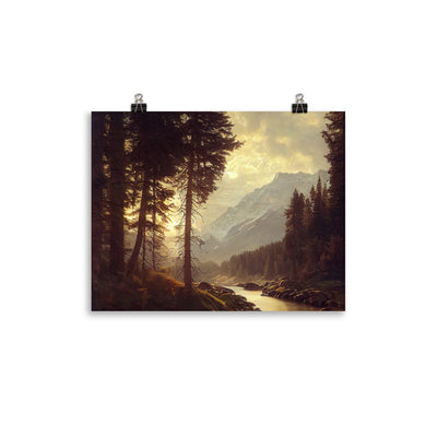 Landschaft mit Bergen, Fluss und Bäumen - Malerei - Premium Poster (glänzend) berge xxx 27.9 x 35.6 cm