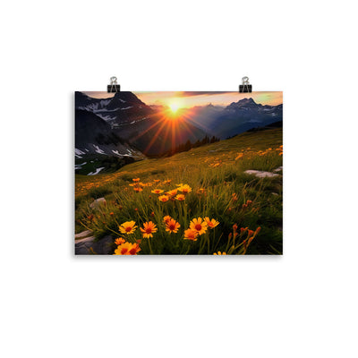 Gebirge, Sonnenblumen und Sonnenaufgang - Premium Poster (glänzend) berge xxx 27.9 x 35.6 cm