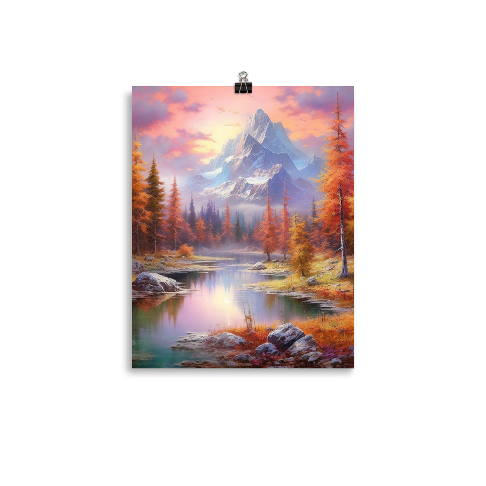 Landschaftsmalerei - Berge, Bäume, Bergsee und Herbstfarben - Premium Poster (glänzend) berge xxx 27.9 x 35.6 cm